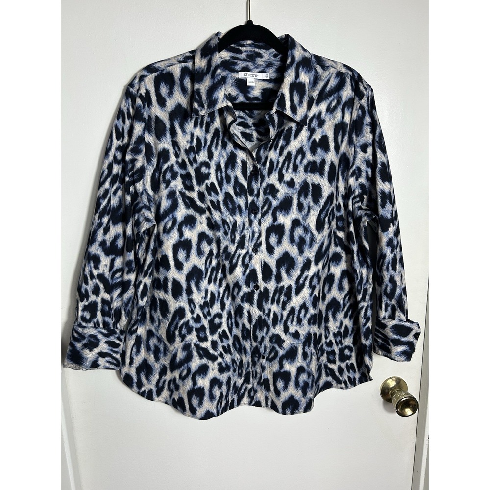 Chico's No Iron Shirt Size 3.5 US 18 Blue Leopard Animal Print Button Down